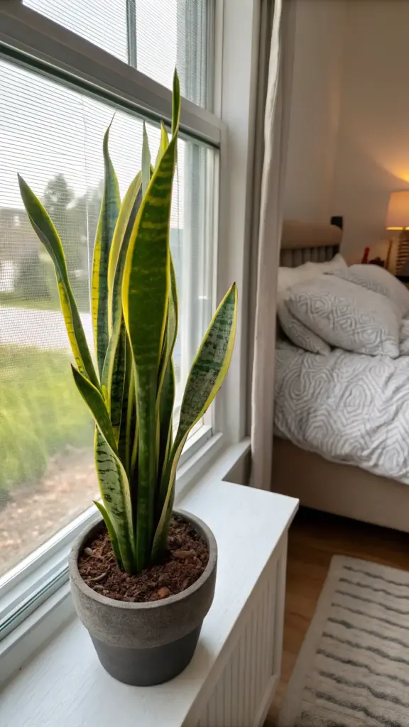 A healthy Snake Plant (Dracaena trifasciata), a prime example of air purifying house plants, displayed in a stylish, dark grey textured pot on a white windowsill. The plant's characteristic upright, sword-like leaves with vibrant yellow edges and mottled green centers are well-lit by natural light from the window. In the blurred background, a cozy bedroom setting with a bed and lamp is visible, highlighting its suitability for indoor environments to improve air quality.