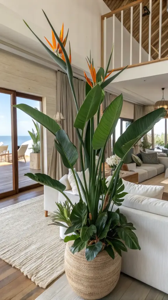 A potted Bird of Paradise, one of the most iconic summer plants, thrives indoors with a beach view through the open doors of a coastal home.