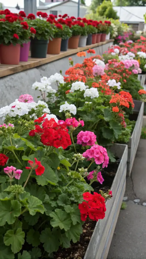 Colorful potted geraniums displayed in raised metal planters against a stone wall backdrop. Featuring vibrant red, pink, and white blooms at various stages of growth, these plants that flower all summer bring long-lasting color to the garden. Terracotta and gray pots sit in light gray troughs filled with dark brown soil, with a greenhouse visible in the background.