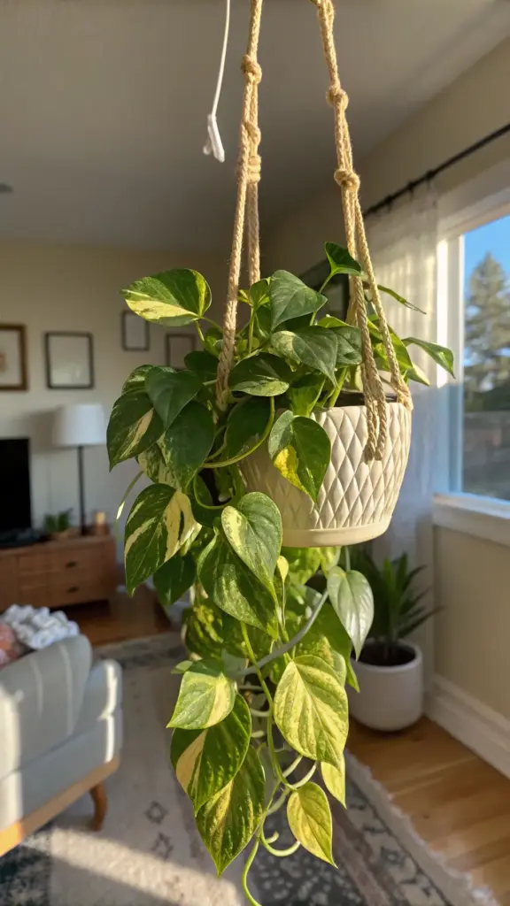 Golden Pothos with variegated green and yellow leaves, one of the best hanging plants indoor, thriving in a white textured pot suspended by a macrame hanger in a well-lit room.