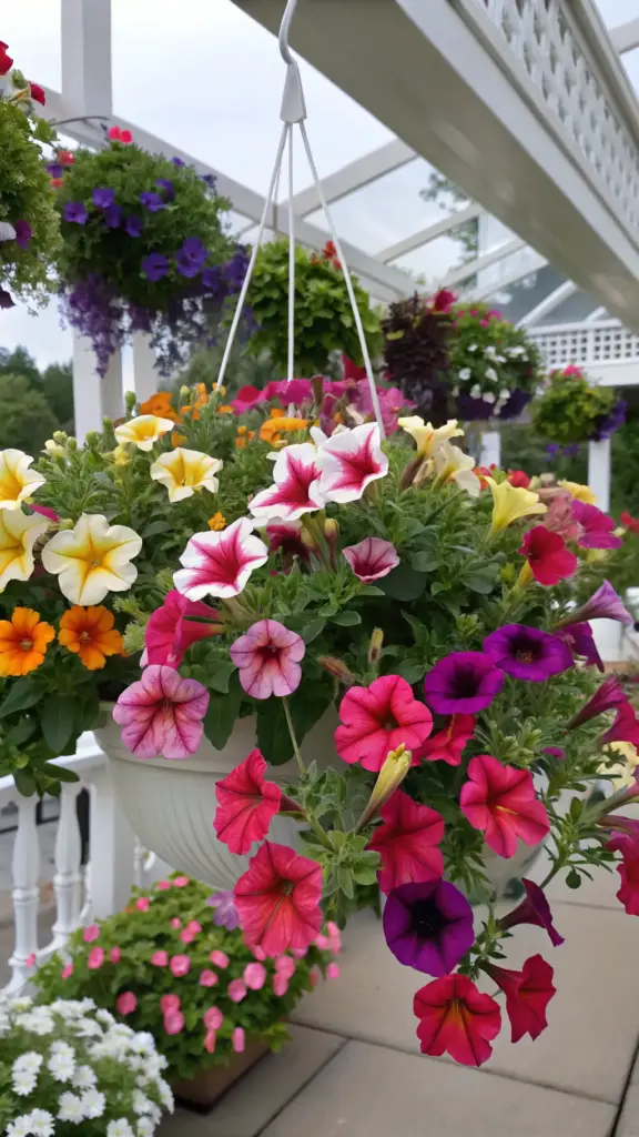 A lush white hanging basket overflowing with colorful Petunia and Calibrachoa flowers in shades of pink, purple, yellow, and white, showcasing beautiful hanging plants outdoor ideas for a vibrant garden display.