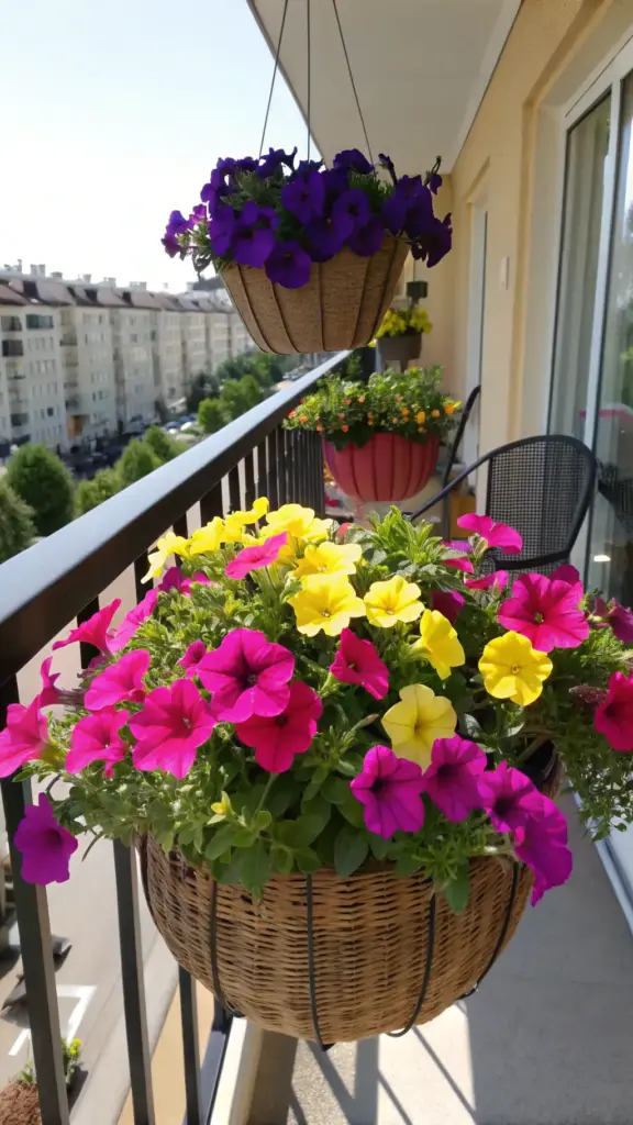 Colorful hanging petunias in yellow and pink, excellent "plants for hanging baskets," shown in a woven basket on a sunny apartment balcony with city views. A second basket with purple petunias hangs above.