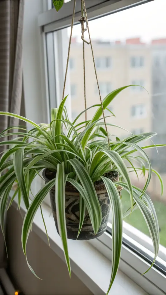 A healthy Spider Plant (Chlorophytum comosum) with its arching leaves and spiderettes, showcased as one of many great "hanging plants indoor ideas," in a simple pot against a plain wall.