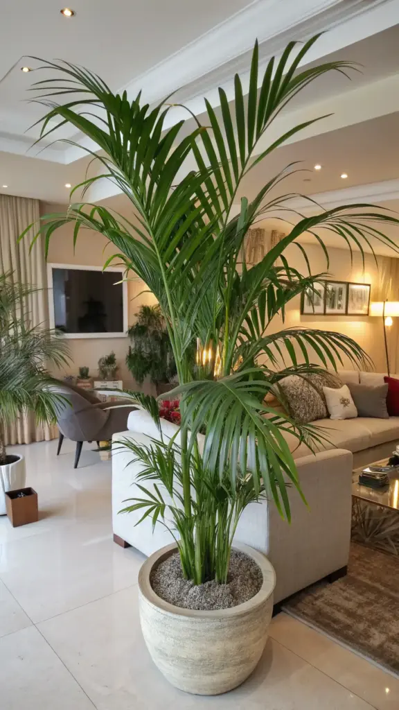 A tall, elegant Kentia palm, a popular choice among low light house plants for its resilience, thrives in a stylish, light-colored pot within a modern living room. The palm's feathery, green fronds arch gracefully, adding a touch of nature to the sophisticated interior, which includes a comfortable sofa, ambient lighting, and glimpses of artwork in the background, demonstrating how well such plants can enhance indoor environments with indirect light.
