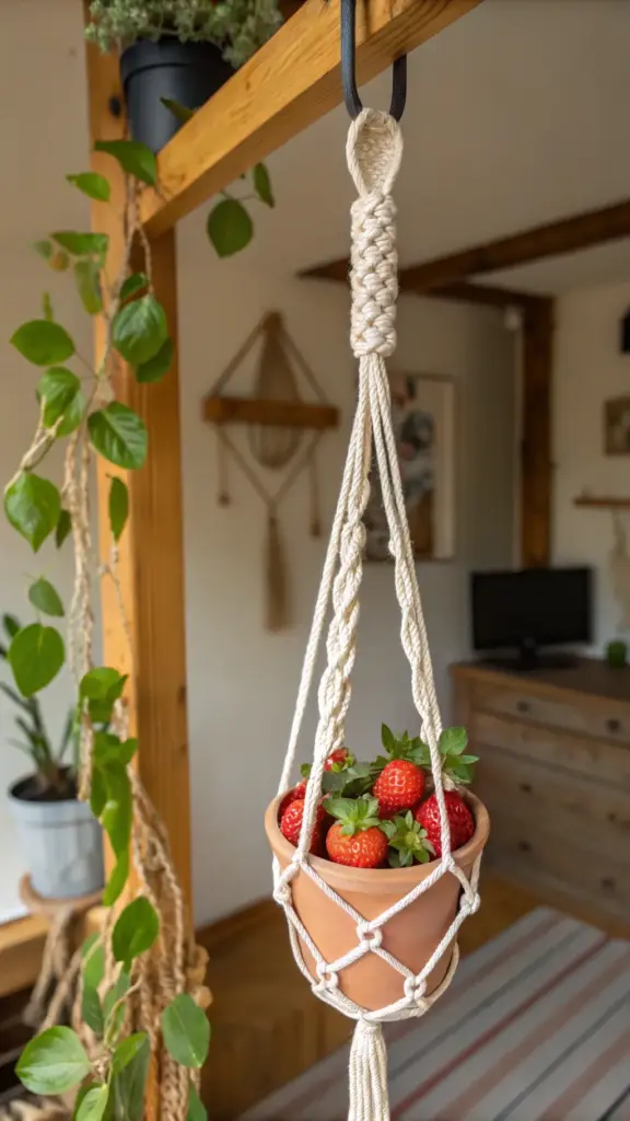 A charming mini macrame plant hanger featuring a tiny terracotta pot with "hanging strawberry plants," accented with a cute red strawberry charm, against a light background.