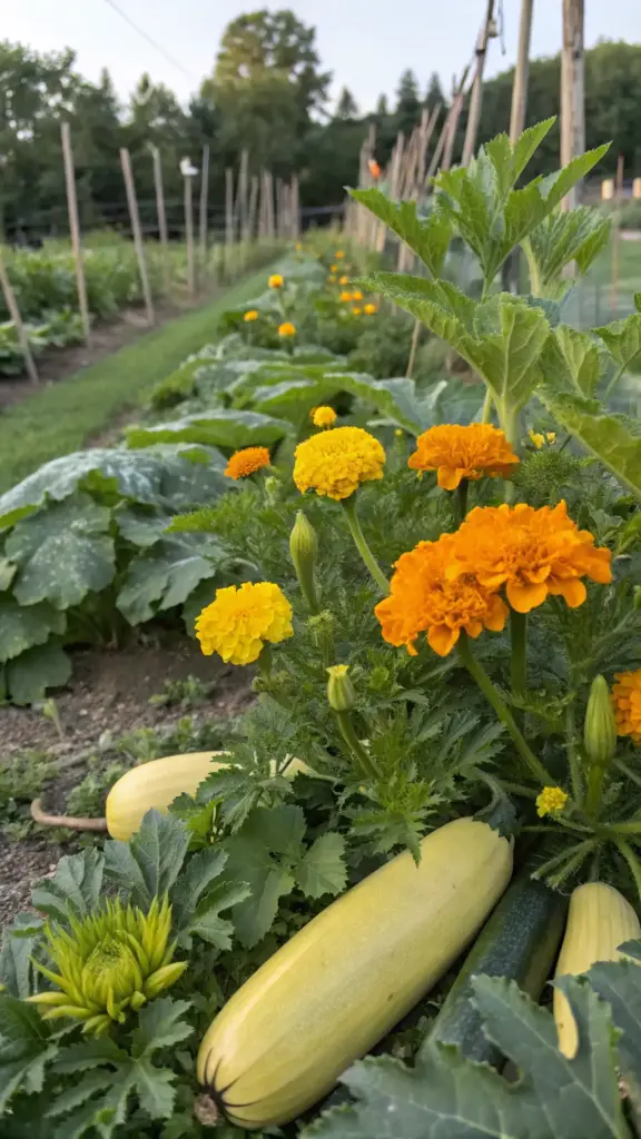 Bright orange and yellow marigolds blooming alongside ripening yellow squash and zucchini in a garden row, illustrating how companion planting can also be adapted for vibrant and productive balcony plants summer displays.
