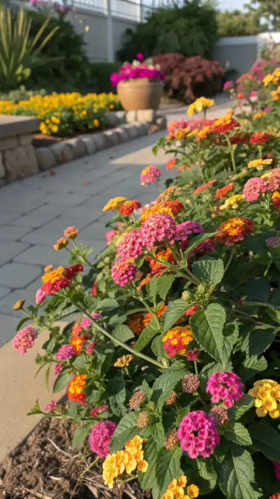 Abundant pink, yellow, and orange Lantana flowers, ideal summer plants full sun outdoor, flourishing along a sunny paved garden border.