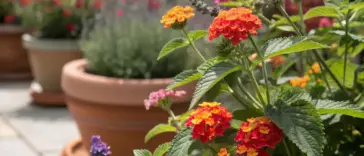 Multi-colored Lantana blooms, excellent examples of summer plants full sun outdoor, thriving in terracotta pots on a sunny stone patio alongside other heat-tolerant flowers.