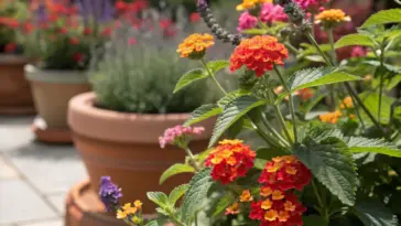 Multi-colored Lantana blooms, excellent examples of summer plants full sun outdoor, thriving in terracotta pots on a sunny stone patio alongside other heat-tolerant flowers.