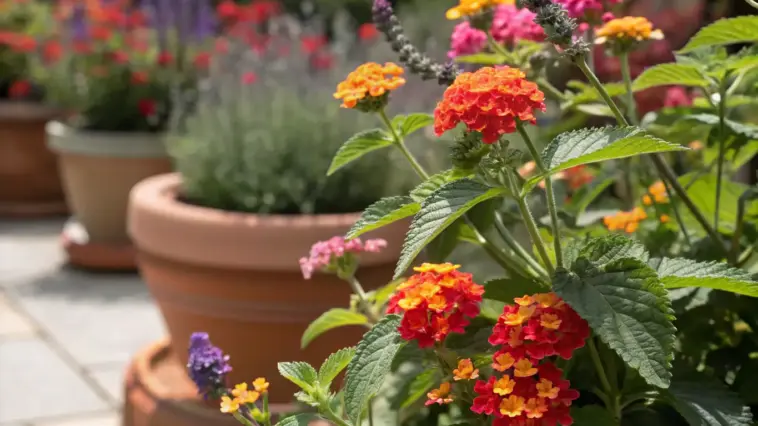 Multi-colored Lantana blooms, excellent examples of summer plants full sun outdoor, thriving in terracotta pots on a sunny stone patio alongside other heat-tolerant flowers.