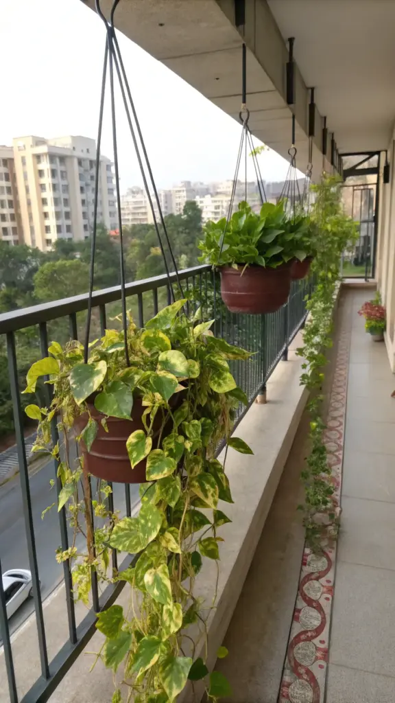 Lush Pothos (Devil's Ivy) with variegated leaves, perfect "balcony hanging plants," thriving in brown pots suspended along a railing with city buildings and greenery in the background.