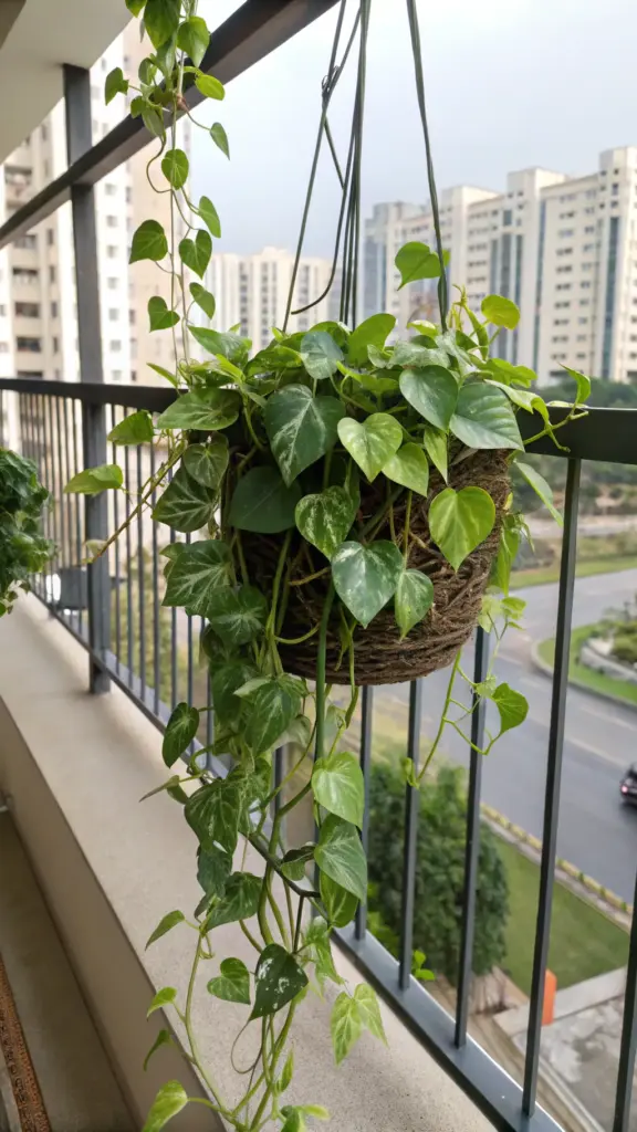 A lush Pothos, or Devil's Ivy, with variegated green leaves, thrives as one of the ideal balcony plants summer choices, shown here cascading from a hanging basket on a balcony with a city view.
