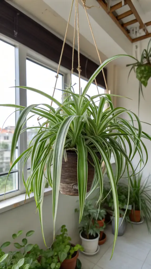 A resilient Spider Plant (Chlorophytum comosum) with its iconic spiderettes, thriving as one of the "outdoor hanging plants" in a terracotta pot, set against a rustic wooden fence.