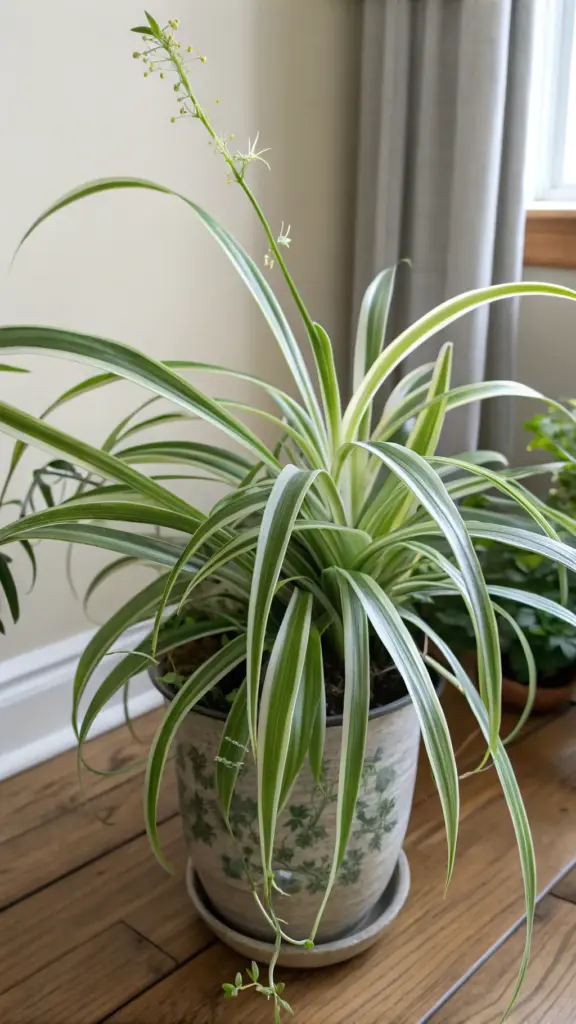 Close-up of a vibrant Spider Plant (Chlorophytum comosum), a popular choice among cat friendly house plants, showcasing its arching variegated leaves with green edges and creamy white centers, potted in a decorative ceramic container on a wooden floor. Tiny plantlets and a delicate flower stalk are visible, highlighting its healthy growth.