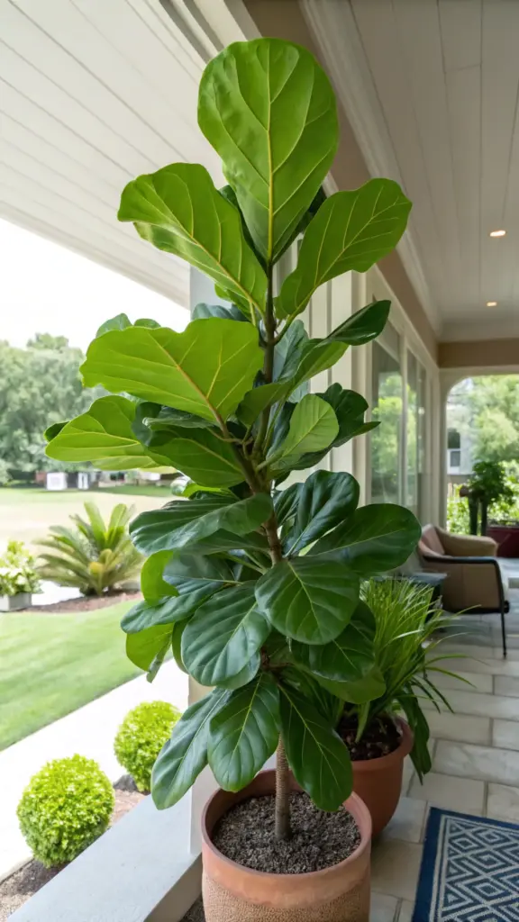 A tall, healthy Fiddle Leaf Fig (Ficus lyrata), one of the popular indoor plants that can go outside in the summer, thrives in a terracotta pot on a bright, covered porch, showcasing its large, vibrant green leaves.