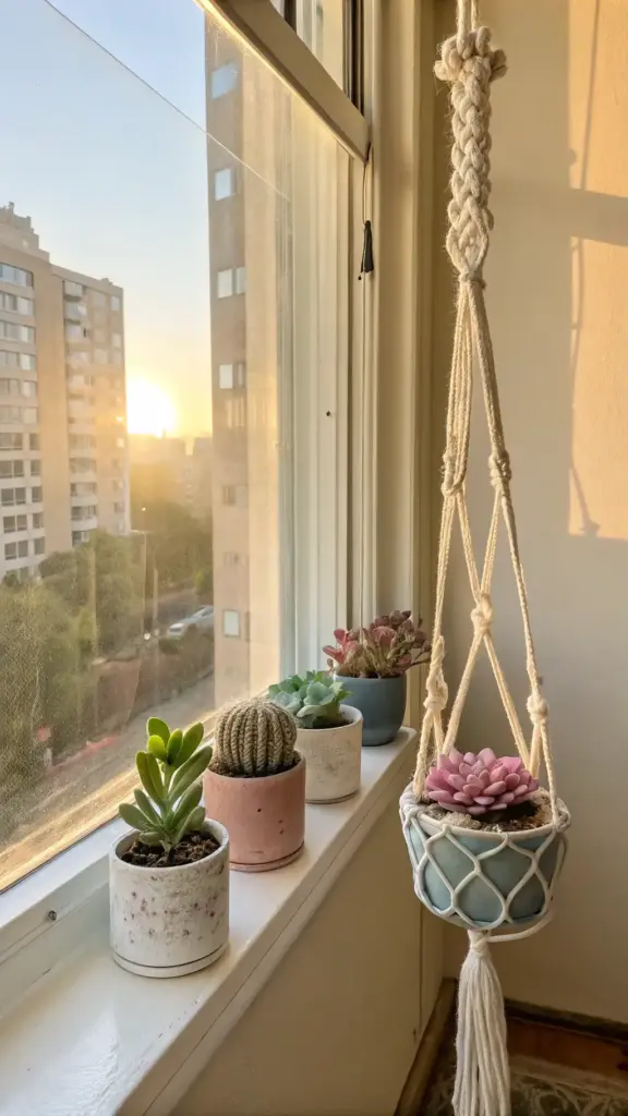 Bright, west-facing window in a modern LA-style apartment with a sunset view, featuring a collection of succulents on the sill and charming "hanging plants in front of window," including a pink succulent in a white macrame holder.