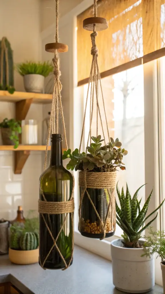 Stylish indoor scene showcasing creative "hanging plants diy" ideas with upcycled dark glass wine bottles transformed into hanging planters using jute rope, one holding a succulent and the other for propagation, near a sunlit window.