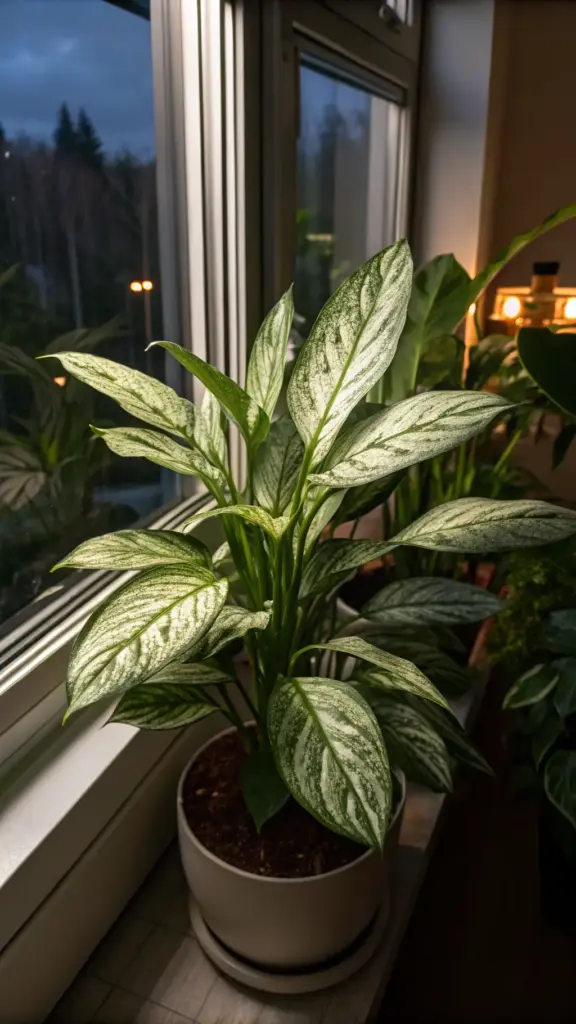 A captivating image showcasing the striking house plants aesthetic of a Chinese Evergreen (Aglaonema) variety. The plant, with its lush, lance-shaped leaves featuring beautiful silver or light green variegation on a darker green base, sits elegantly in a simple white pot with a saucer on a windowsill. The backdrop reveals a window looking out onto a twilight scene with distant trees and streetlights, creating a moody yet serene ambiance. The subtle indoor lighting highlights the plant's foliage, emphasizing its decorative appeal and its contribution to a cozy and sophisticated house plants aesthetic within the home. Other out-of-focus plants and warm lights are partially visible in the background, further enhancing the indoor jungle feel.