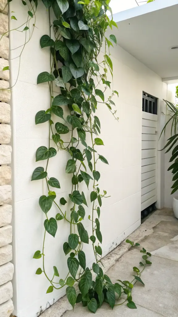 Vibrant green pothos cascading down a white tiled wall, an elegant example of wall hanging plants enhancing an outdoor space next to a stone-tiled wall and white slatted door.
