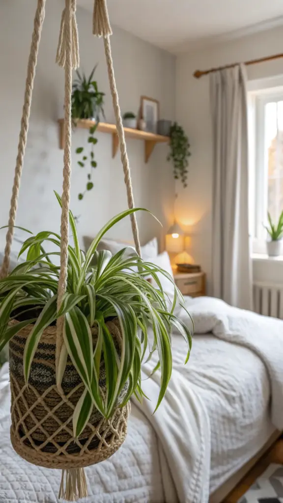 A vibrant spider plant in a woven macrame hanger, a popular choice for hanging plants indoor bedroom decor, with a cozy bed and a window with natural light in the background.