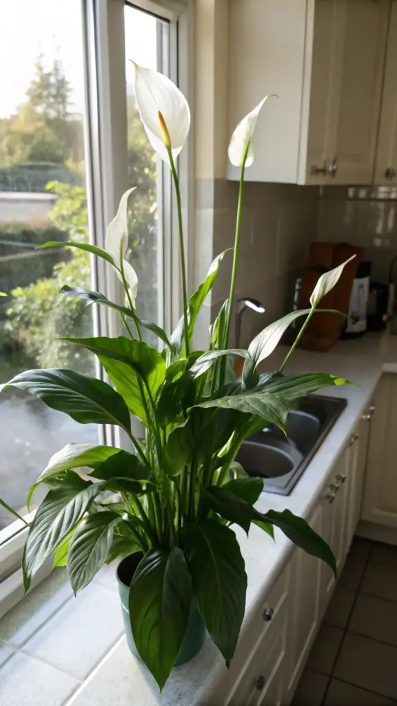 A lush Peace Lily (Spathiphyllum) plant, celebrated as one of the most effective air purifying house plants, thrives in a green pot on a tiled kitchen windowsill. This vibrant specimen showcases multiple elegant white spathes and an abundance of glossy, dark green leaves, backlit by natural light streaming through the window. The kitchen setting, with a stainless steel sink and light-colored cabinetry visible, highlights its role in creating a fresher, healthier indoor environment.