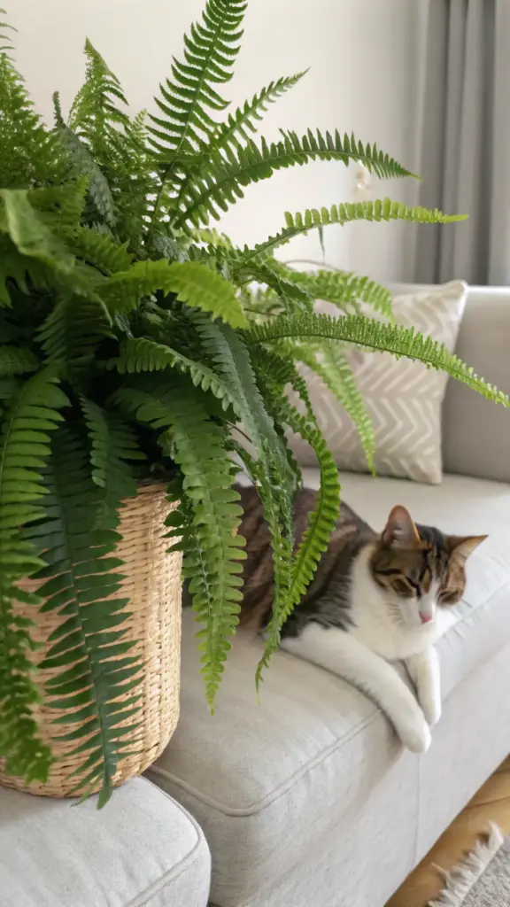 A lush Boston Fern (Nephrolepis exaltata), an excellent example of pet friendly house plants, sits in a woven wicker pot on a light-colored sofa next to a content tabby and white cat, showcasing a safe and serene home environment for pets and plant lovers.