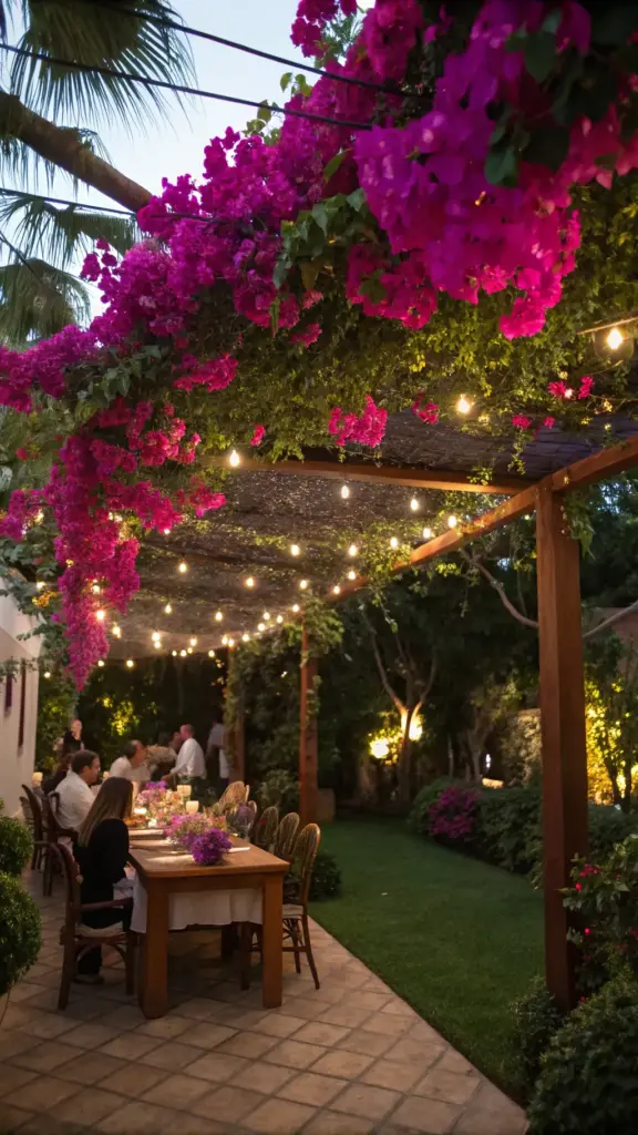 Vibrant pink bougainvillea, popular summer plants often found near the beach, cascade over a pergola shading an outdoor dining area, illuminated by string lights.
