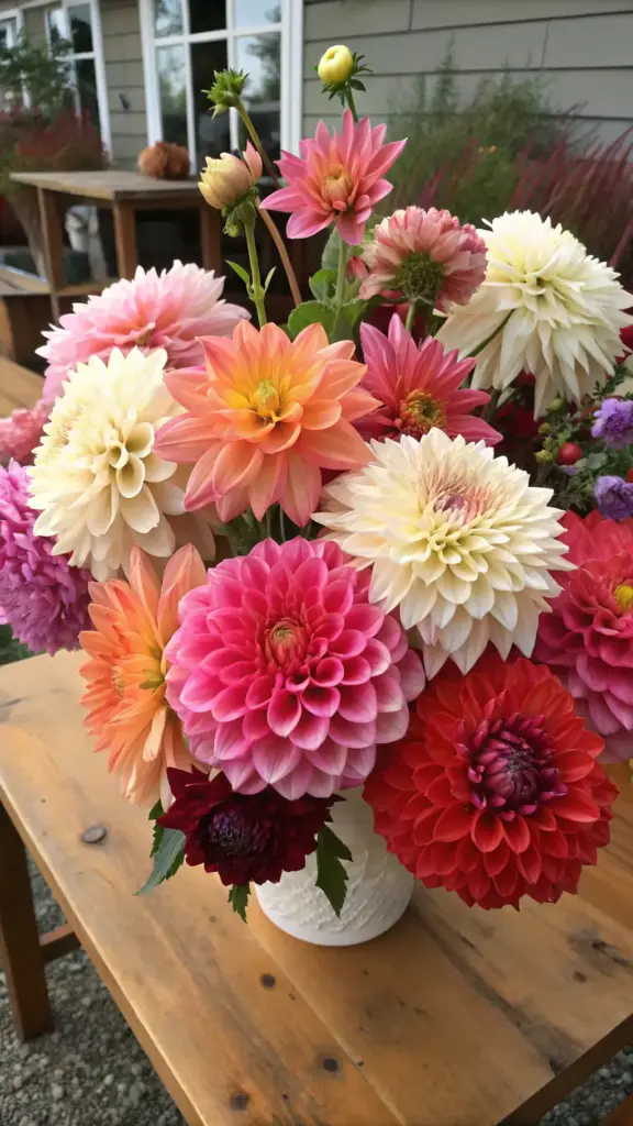 A vibrant bouquet of dahlias in full bloom, featuring a mix of soft pinks, peaches, creamy whites, and bold oranges, corals, deep reds, and burgundy hues. The densely packed flowers sit in a cream-colored textured vase on a rustic light brown wooden table. Background includes a light beige/gray house exterior, greenery, and a wooden bench. Perfect inspiration for gardens with plants that flower all summer . Bright natural daylight enhances the fresh, colorful display.