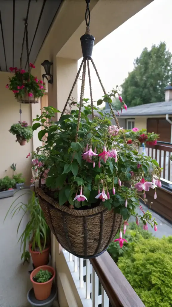 Delicate, draping fuchsia with vibrant pink and purple blooms, ideal "plants for hanging baskets," shown in a rustic woven and metal basket on a porch or balcony.