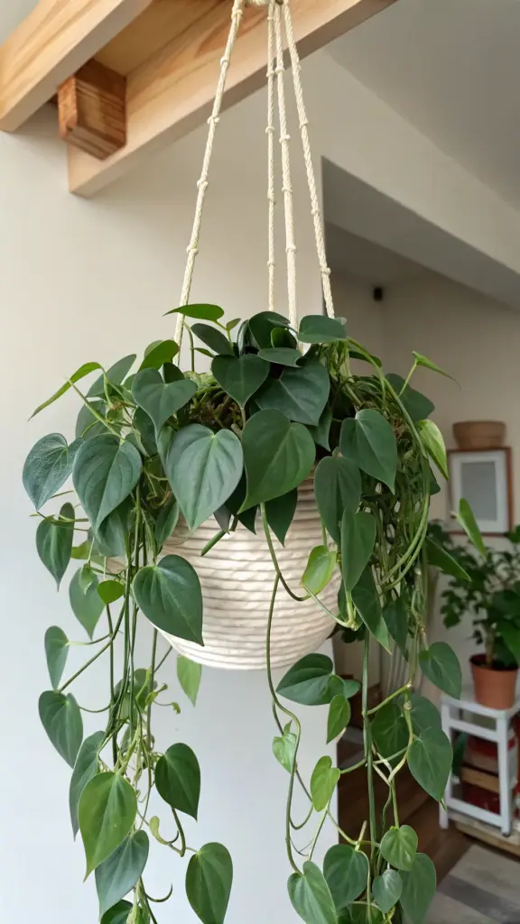 Lush Heartleaf Philodendron with deep green, heart-shaped leaves, an ideal choice for hanging plants indoor, shown in a white textured pot suspended by a macrame hanger from a wooden beam.