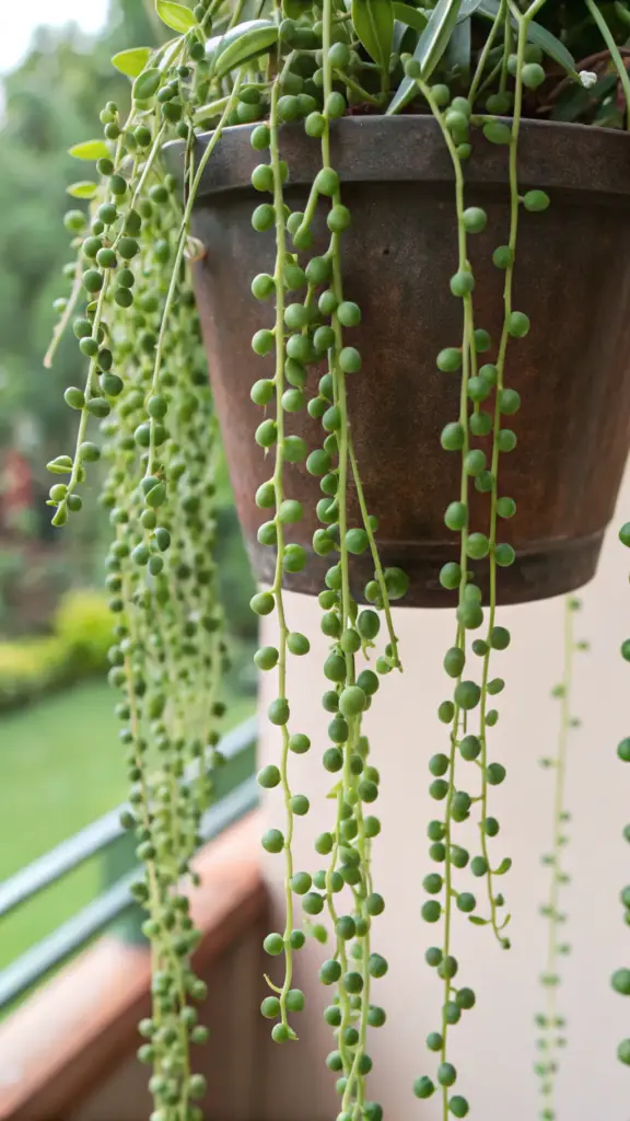 Close-up of a String of Pearls succulent (Senecio rowleyanus) with long, trailing stems of green, bead-like leaves cascading from a rustic brown hanging pot, a unique choice for hanging plants outdoor.
