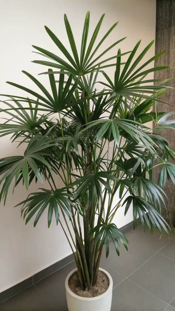 A lush Lady Palm (Rhapis excelsa), an excellent example of low light house plants, is showcased in a simple white pot against a light-colored wall. The palm features multiple slender stems and an abundance of distinctive, fan-shaped, glossy dark green leaves, highlighting its adaptability and aesthetic appeal for indoor spaces with limited sunlight.