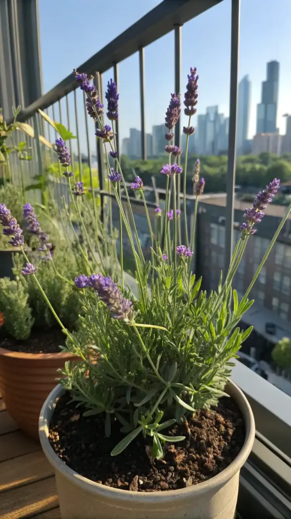 Fragrant lavender with purple blooms, ideal as one of your balcony plants summer choices, thriving in a pot on a sunny balcony overlooking a cityscape.