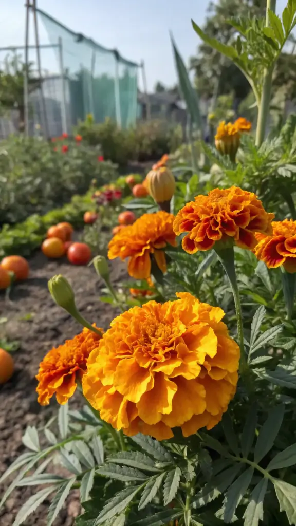 Close-up view of a vibrant patch of marigold flowers in full bloom, showcasing their layered orange-yellow petals and lush green foliage. These plants that flower all summer thrive in sunny garden beds, surrounded by other vegetation including tomato plants bearing ripe fruit. A partial mesh or shade structure appears in the background, blending into the well-tended outdoor space with dark brown soil and abundant natural light.