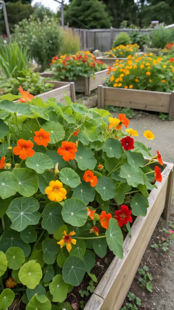 Colorful orange, yellow, and red nasturtiums (Tropaeolum majus) flourishing in a wooden raised garden bed, known for being excellent summer squash companion plants due to their pest-attracting qualities.