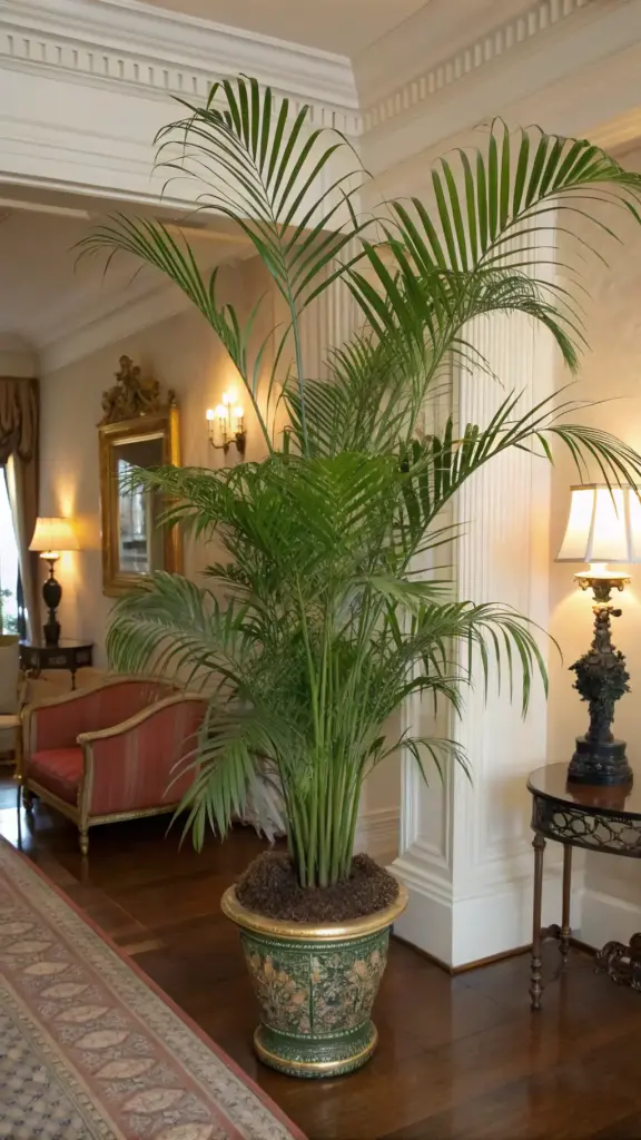 An elegant Parlor Palm (Chamaedorea elegans), a graceful addition to any collection of cat friendly house plants, stands tall in an ornate, patterned ceramic pot on a dark wood floor. The backdrop features a luxurious room with high ceilings, decorative molding, a glimpse of a red-upholstered antique sofa, a classic table lamp, and a patterned runner rug, evoking a refined and pet-welcoming interior.