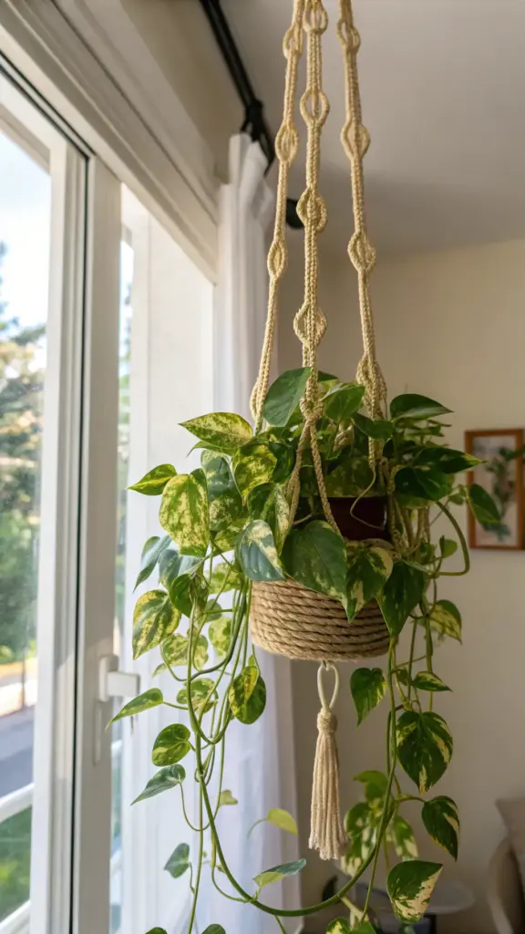 A vibrant Pothos (Epipremnum aureum) with variegated, heart-shaped leaves, offering versatile "hanging plants indoor ideas," shown trailing from a simple pot against a neutral background.