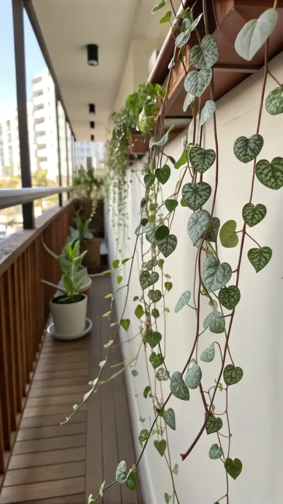 Delicate String of Hearts (Ceropegia woodii) with its signature heart-shaped, silver-marbled leaves, shown as lovely "balcony hanging plants," trailing elegantly down a white wall from a planter above, with a wooden deck and railing in the background.