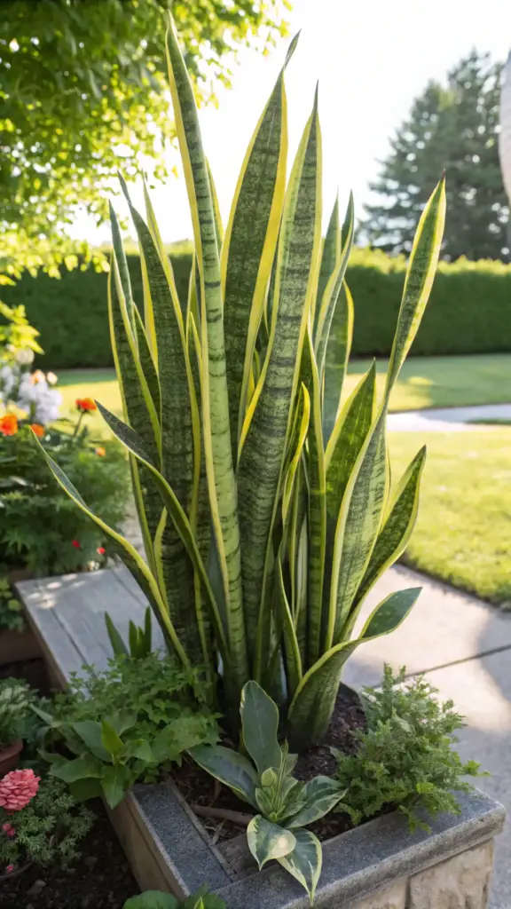 A tall, variegated Snake Plant (Dracaena trifasciata), a resilient choice among indoor plants that can go outside in the summer, thrives in an outdoor planter surrounded by other greenery, enjoying bright, natural light.