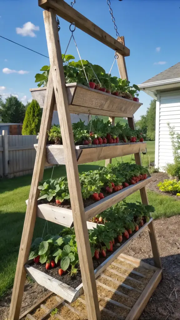 Tiered wooden A-frame planter with multiple levels of hanging strawberry plants, showcasing lush green leaves and ripening red strawberries in a sunny garden setting.