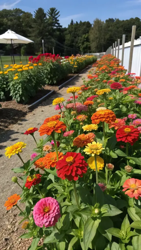 Rows of vibrant Zinnias in pink, red, orange, and yellow, perfect examples of cheerful summer plants full sun outdoor, blooming brightly in a sunny garden.