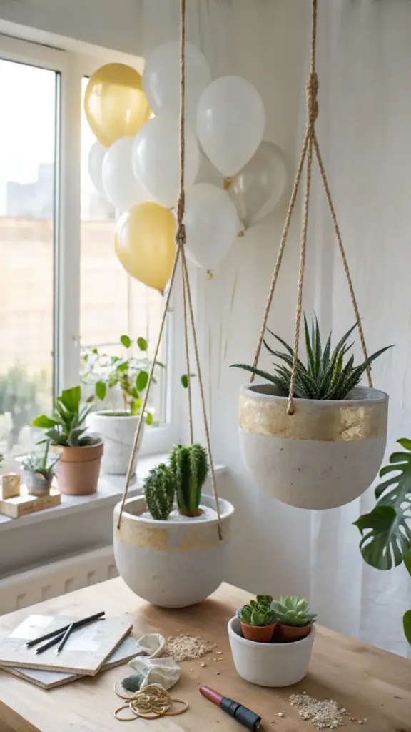A bright, minimalist boho-style workspace showcasing a "hanging plants diy" project, featuring two modern concrete hanging planters with gold accents, one with cacti and the other with a succulent, with DIY supplies on the table and festive balloons in the background.