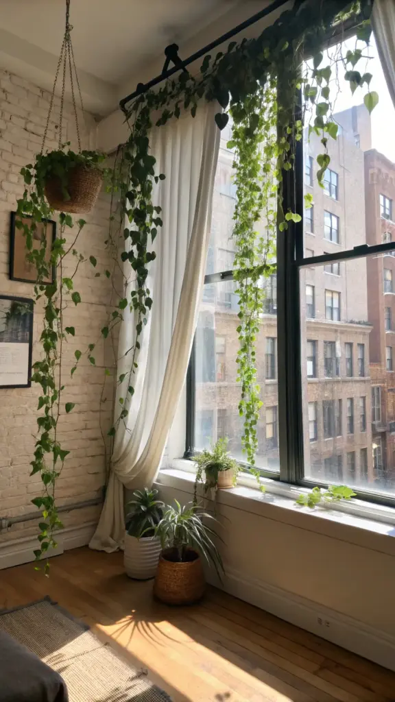 Cozy New York or San Francisco studio apartment with exposed brick, featuring abundant, lush green "hanging plants in front of window," creating a natural curtain effect over a large industrial-style window with city views.