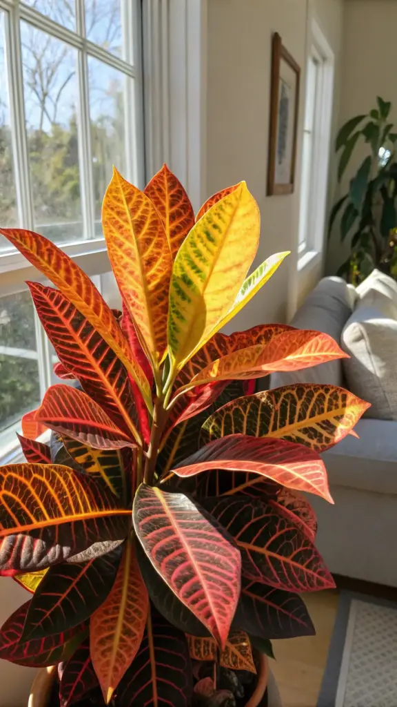 A radiant Croton plant (Codiaeum variegatum) basking in bright sunlight, perfectly embodying a vibrant house plants aesthetic. The image showcases the plant's stunningly colorful leaves, which display a fiery mix of red, orange, yellow, and deep green, with prominent veins. Sunlight streams through a nearby window, illuminating the waxy texture of the leaves and making their colors pop. The Croton is potted and appears to be indoors, with a window frame, a glimpse of a light-colored sofa, and another distant house plant visible in the background, contributing to a warm and inviting home atmosphere. This striking plant is a clear focal point, adding a bold splash of color and enhancing the overall house plants aesthetic of the space.