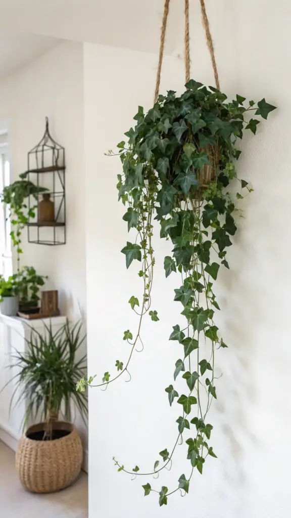 English ivy with lush, trailing vines showcased in a rustic hanging basket, a beautiful example of indoor wall hanging plants against a light-colored wall, with other potted plants and a decorative birdcage shelf in the background.