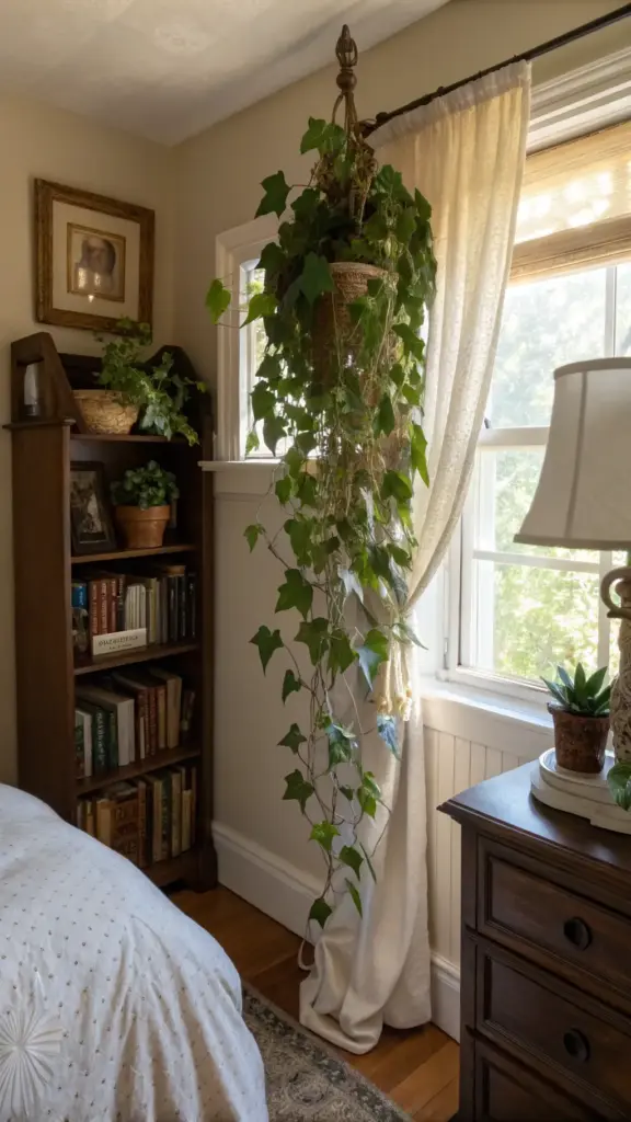 Sunlit bedroom corner featuring lush English ivy as one of the hanging plants indoor bedroom, cascading beside a window with sheer curtains, with a bookshelf, bed, and nightstand completing the cozy scene.