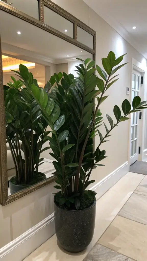 A vibrant ZZ plant (Zamioculcas zamiifolia) with glossy green leaves in a dark modern pot, enhancing an elegant hallway as part of stylish House Plants Decor, with its reflection visible in an ornate mirror on a light-colored tiled floor.