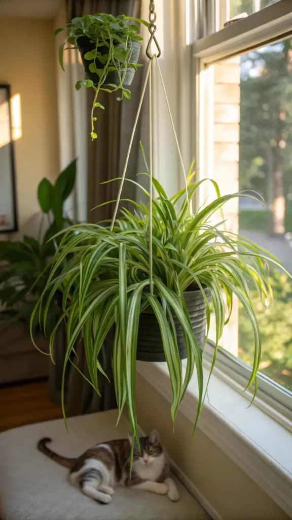 A lush Spider Plant (Chlorophytum comosum), renowned among air purifying house plants, thrives in a dark hanging basket by a bright window. Its characteristic arching, variegated green and white leaves cascade downwards, with a tabby and white cat resting contentedly on a cushioned window seat below. Another smaller green hanging plant is visible above, contributing to a vibrant, pet-friendly indoor atmosphere filled with natural light and healthy greenery.