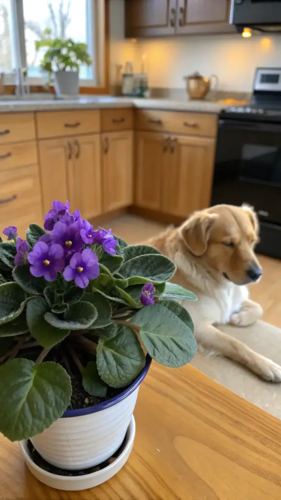 A vibrant African Violet (Saintpaulia ionantha) with purple blooms in a white pot, a beautiful example of pet friendly house plants, sits on a wooden surface in a cozy kitchen, with a golden retriever dog resting peacefully in the blurred background, illustrating a pet-safe home.