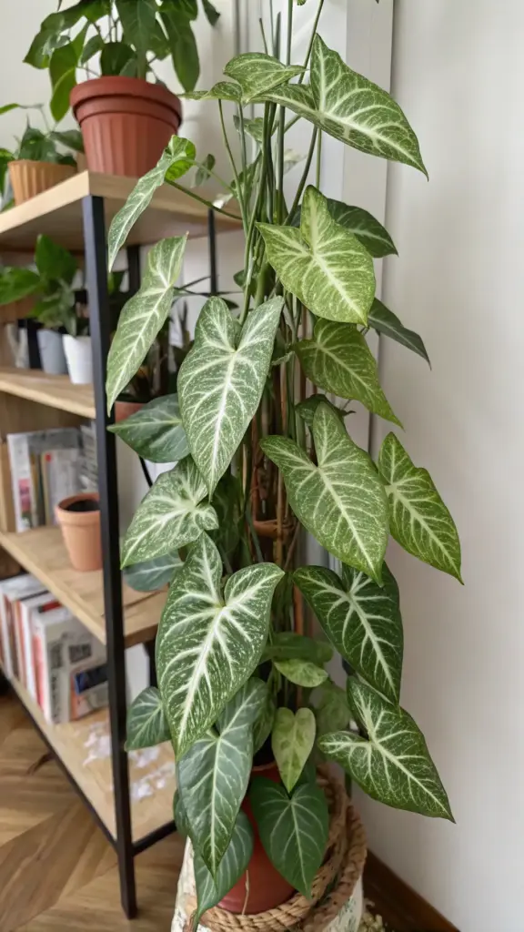 A vibrant Arrowhead plant (Syngonium podophyllum), a versatile choice among low light house plants, showcases its beautiful variegated leaves with striking green and white patterns. The plant is thriving indoors, climbing a support structure from its woven pot, with a wooden bookshelf visible in the background, illustrating its suitability for brightening interior spaces.